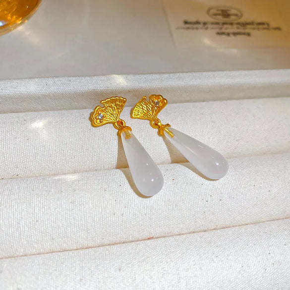 1 Pair Elegant Retro Leaves Enamel Plating Inlay Copper Glass White Jade Zircon 14K Gold Plated Drop Earrings