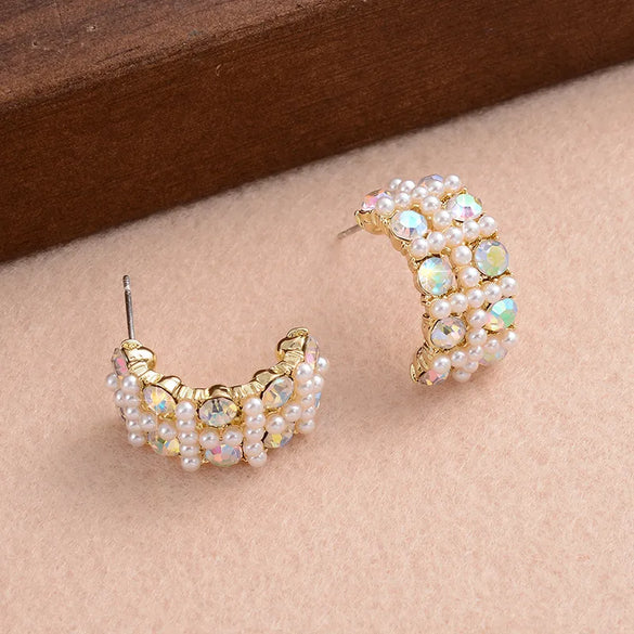 1 Pair Elegant Romantic Modern Style C Shape Plating Inlay Alloy Rhinestones Pearl 14k Gold Plated Ear Studs