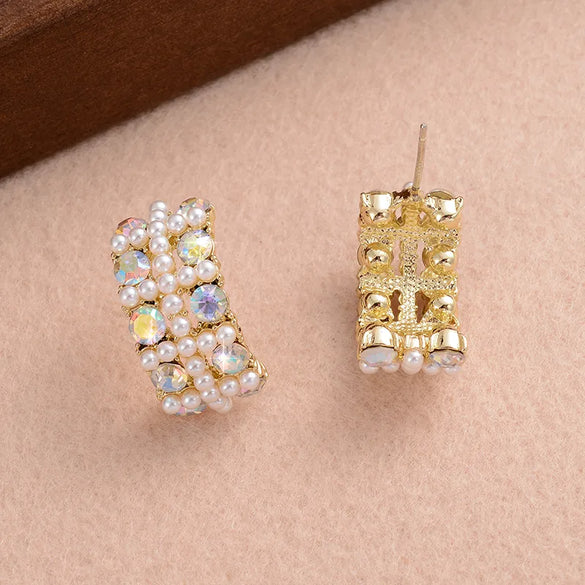 1 Pair Elegant Romantic Modern Style C Shape Plating Inlay Alloy Rhinestones Pearl 14k Gold Plated Ear Studs