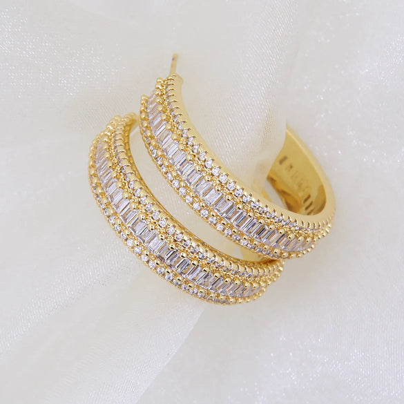 1 Pair Elegant Shiny C Shape Inlay Copper Zircon 18K Gold Plated Ear Studs