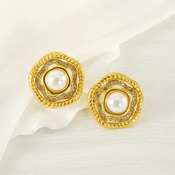 1 Pair Elegant Simple Style Flower Inlay Titanium Steel Artificial Pearls 18K Gold Plated Ear Studs