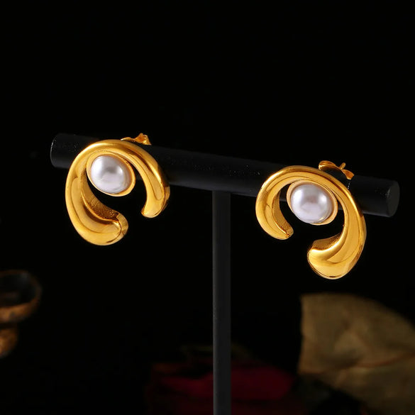 1 Pair Elegant Simple Style Streetwear C Shape Round Plating Inlay 304 Stainless Steel Artificial Pearls Ear Studs