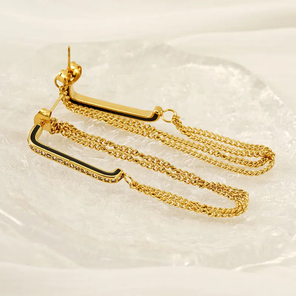 1 Pair Elegant Streetwear Lines Chain Inlay 304 Stainless Steel Rhinestones 18K Gold Plated Drop Earrings