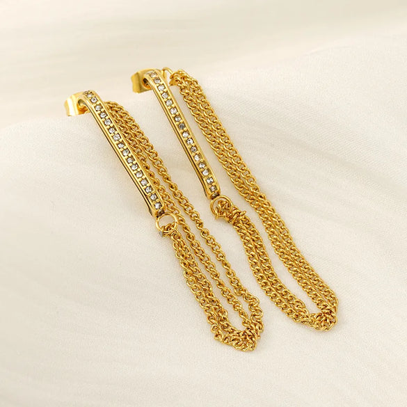 1 Pair Elegant Streetwear Lines Chain Inlay 304 Stainless Steel Rhinestones 18K Gold Plated Drop Earrings