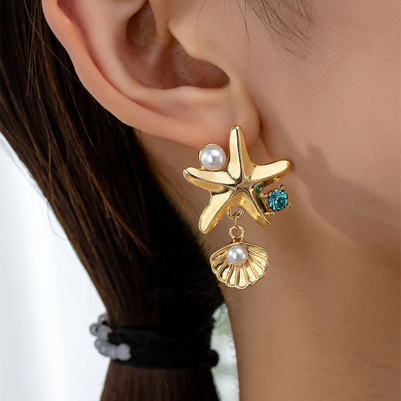 1 Pair Elegant Streetwear Starfish Inlay Alloy Artificial Pearls Drop Earrings