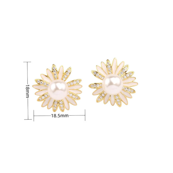 1 Pair Elegant Sweet Flower Inlay Sterling Silver Rhinestones Pearl Gold Plated Ear Studs