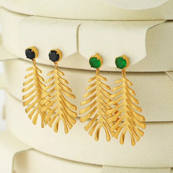 1 Pair Elegant Vintage Style Feather Plating Inlay Titanium Steel Zircon 18k Gold Plated Drop Earrings