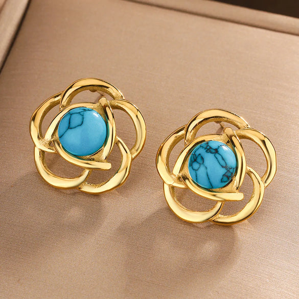 1 Pair Elegant Vintage Style Flower Plating Hollow Out Inlay 304 Stainless Steel Turquoise Opal Turquoise Opal Pearl 18K Gold Plated Ear Studs