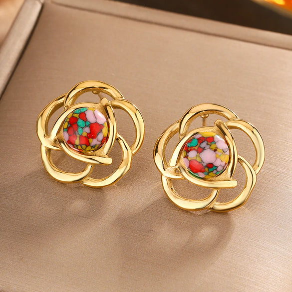1 Pair Elegant Vintage Style Flower Plating Hollow Out Inlay 304 Stainless Steel Turquoise Opal Turquoise Opal Pearl 18K Gold Plated Ear Studs