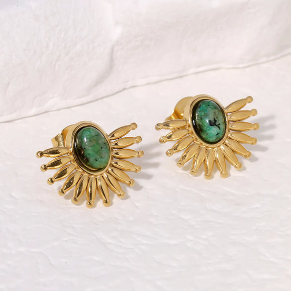 1 Pair Elegant Vintage Style Sector Plating Inlay 304 Stainless Steel Turquoise 18K Gold Plated Ear Studs