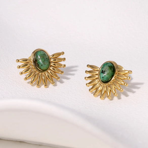 1 Pair Elegant Vintage Style Sector Plating Inlay 304 Stainless Steel Turquoise 18K Gold Plated Ear Studs