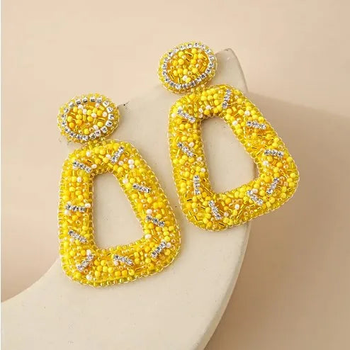 1 Pair Ethnic Style Geometric Beaded Inlay Felt Seed Bead Rhinestones Drop Earrings