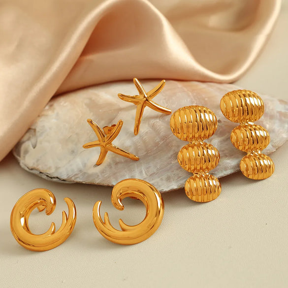 1 Pair Exaggerated Beach IG Style Oval Starfish Sea Wave Polishing 304 Stainless Steel 18K Gold Plated Drop Earrings Ear Studs