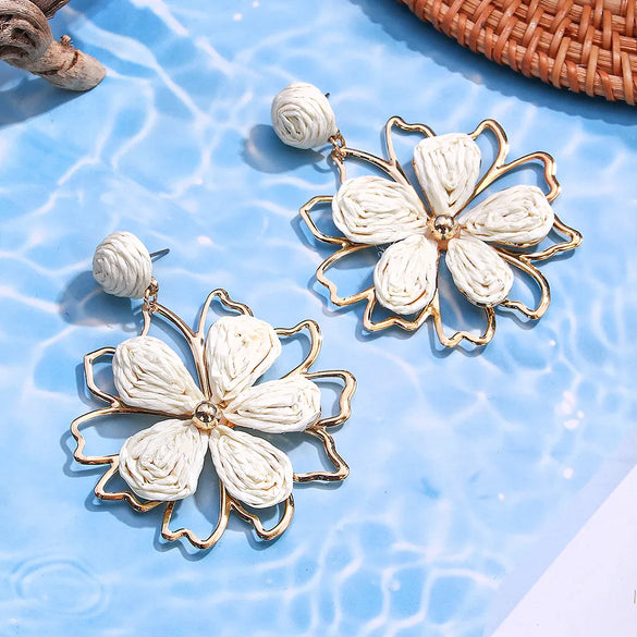 1 Pair Hawaiian Beach Tropical Flower Raffia Drop Earrings