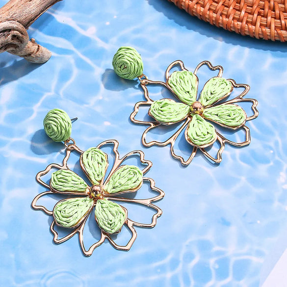 1 Pair Hawaiian Beach Tropical Flower Raffia Drop Earrings