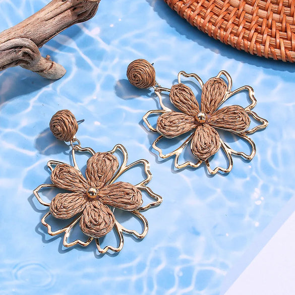 1 Pair Hawaiian Beach Tropical Flower Raffia Drop Earrings