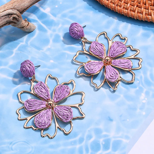 1 Pair Hawaiian Beach Tropical Flower Raffia Drop Earrings