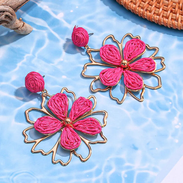 1 Pair Hawaiian Beach Tropical Flower Raffia Drop Earrings