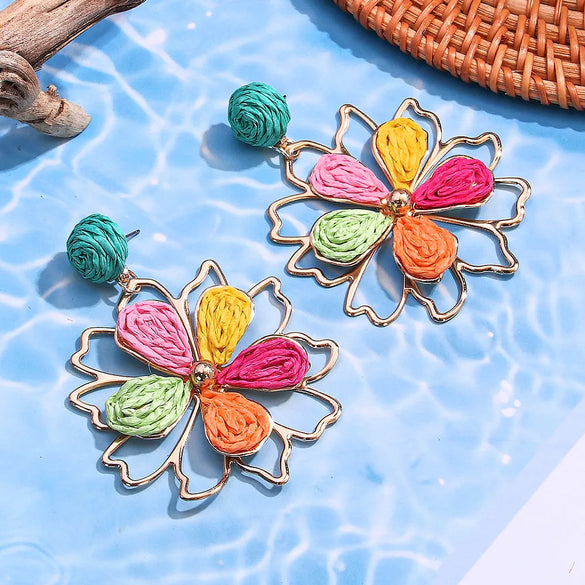 1 Pair Hawaiian Beach Tropical Flower Raffia Drop Earrings