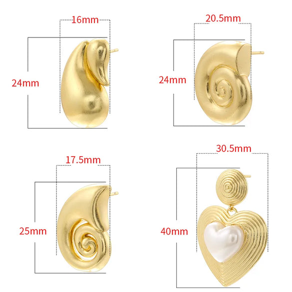 1 Pair Hip-Hop Vintage Style Beach Water Droplets Conch Heart Shape Inlay Copper Artificial Pearls 18K Gold Plated Drop Earrings Ear Studs