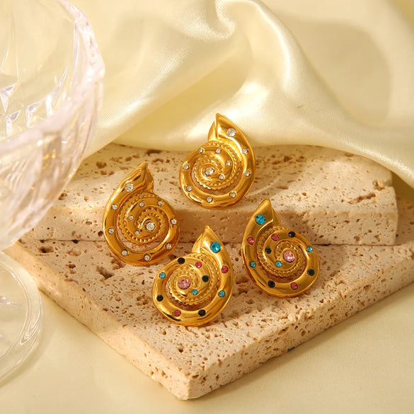 1 Pair IG Style Conch Polishing Plating Inlay 304 Stainless Steel Rhinestones 18K Gold Plated Ear Studs