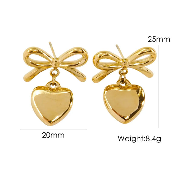 1 Pair IG Style Elegant Simple Style Heart Shape Bow Knot Plating 304 Stainless Steel 14K Gold Plated Drop Earrings Ear Studs
