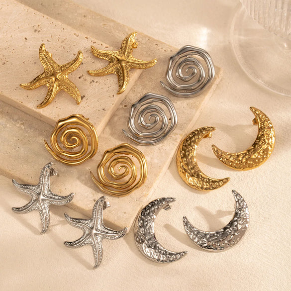 1 Pair IG Style French Style Moon Starfish 304 Stainless Steel Ear Studs