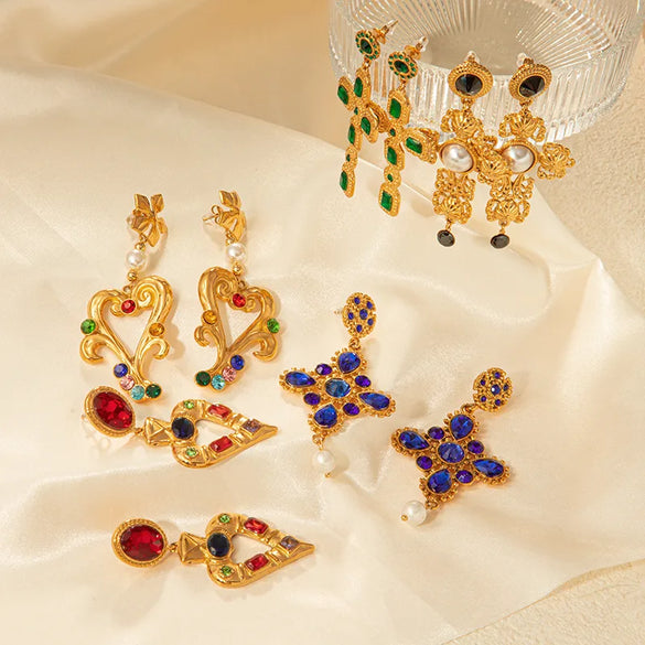 1 Pair IG Style Simple Style Shiny Cross Heart Shape Rhombus Inlay 304 Stainless Steel Pearl Zircon 14K Gold Plated Drop Earrings