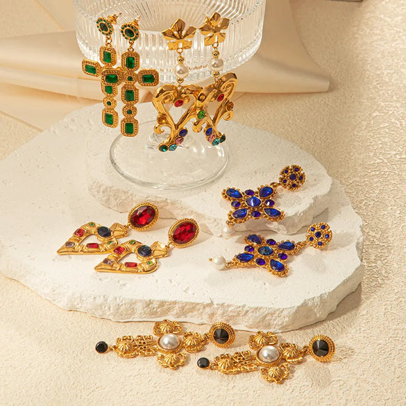 1 Pair IG Style Simple Style Shiny Cross Heart Shape Rhombus Inlay 304 Stainless Steel Pearl Zircon 14K Gold Plated Drop Earrings