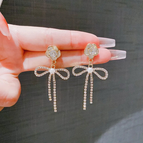 1 Pair IG Style Sweet Flower Bow Knot Plating Chain Inlay Alloy Rhinestones Pearl Drop Earrings