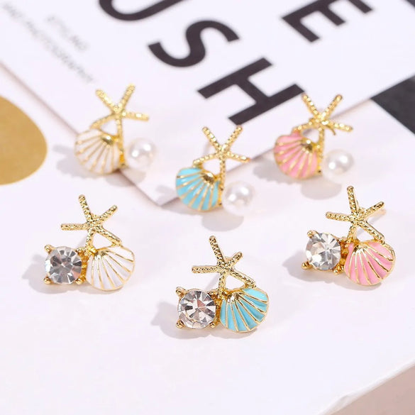 1 Pair IG Style Tropical Starfish Shell Enamel Inlay Alloy Rhinestones Pearl Ear Studs