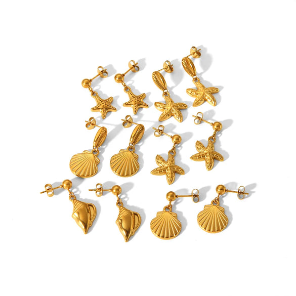 1 Pair IG Style Vacation Tropical Starfish Shell Polishing 304 Stainless Steel 18K Gold Plated Drop Earrings