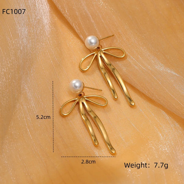 1 Pair Lady Bow Knot Pearl Plating Bowknot 304 Stainless Steel 18K Gold Plated Drop Earrings