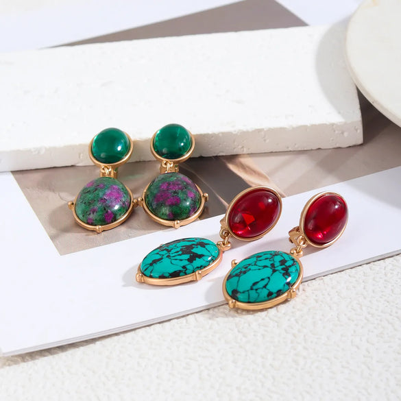 1 Pair Lady Ethnic Style Classic Style Oval Inlay Alloy Artificial Gemstones Turquoise Drop Earrings
