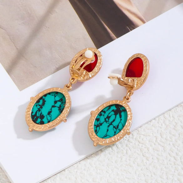 1 Pair Lady Ethnic Style Classic Style Oval Inlay Alloy Artificial Gemstones Turquoise Drop Earrings