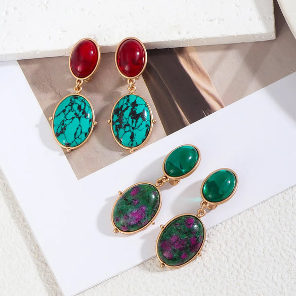 1 Pair Lady Ethnic Style Classic Style Oval Inlay Alloy Artificial Gemstones Turquoise Drop Earrings