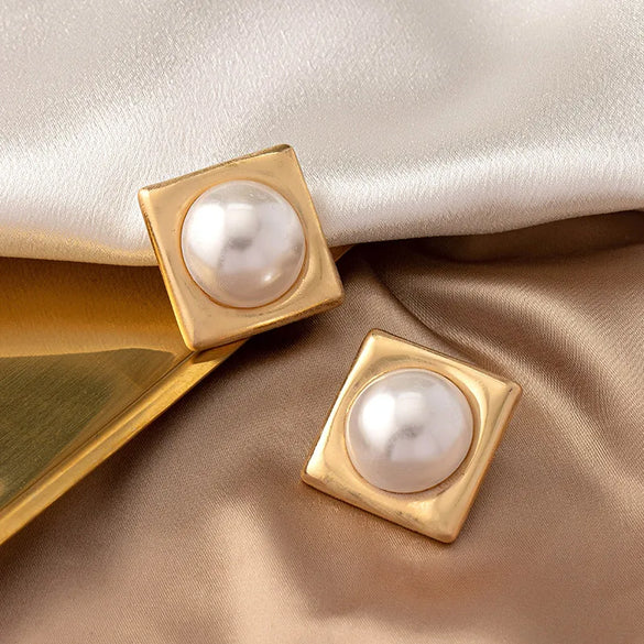 1 Pair Lady Simple Style Classic Style Square Plating Inlay Alloy Artificial Pearls 14k Gold Plated Ear Studs