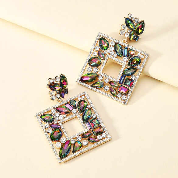 1 Pair Luxurious Shiny Square Plating Hollow Out Inlay Zinc Alloy Glass Dangling Earrings
