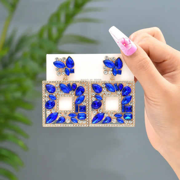 1 Pair Luxurious Shiny Square Plating Hollow Out Inlay Zinc Alloy Glass Dangling Earrings