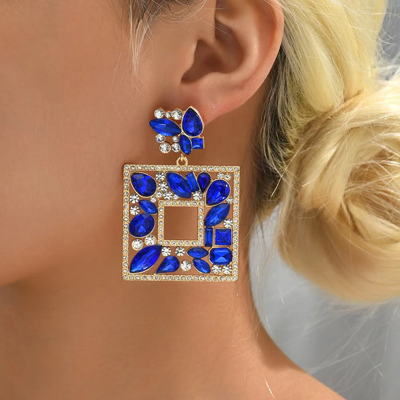1 Pair Luxurious Shiny Square Plating Hollow Out Inlay Zinc Alloy Glass Dangling Earrings