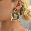 1 Pair Luxurious Shiny Square Plating Hollow Out Inlay Zinc Alloy Glass Dangling Earrings