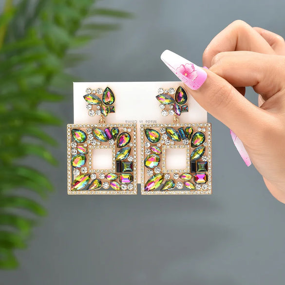 1 Pair Luxurious Shiny Square Plating Hollow Out Inlay Zinc Alloy Glass Dangling Earrings