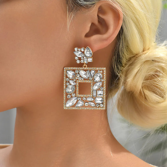 1 Pair Luxurious Shiny Square Plating Hollow Out Inlay Zinc Alloy Glass Dangling Earrings