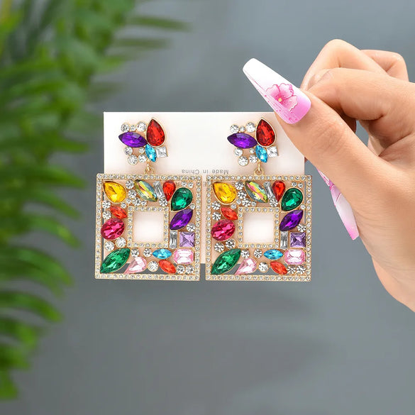 1 Pair Luxurious Shiny Square Plating Hollow Out Inlay Zinc Alloy Glass Dangling Earrings