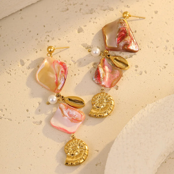 1 Pair Marine Style IG Style Conch Shell 304 Stainless Steel Shell 18K Gold Plated Drop Earrings