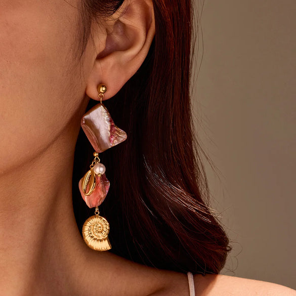 1 Pair Marine Style IG Style Conch Shell 304 Stainless Steel Shell 18K Gold Plated Drop Earrings