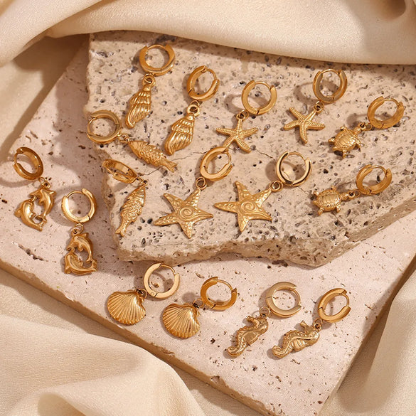 1 Pair Marine Style Modern Style Scallop Starfish Hippocampus Plating 304 Stainless Steel Drop Earrings