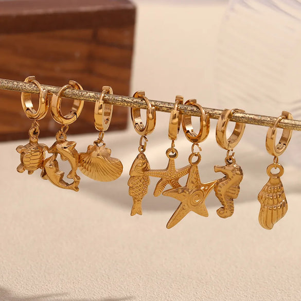 1 Pair Marine Style Modern Style Scallop Starfish Hippocampus Plating 304 Stainless Steel Drop Earrings