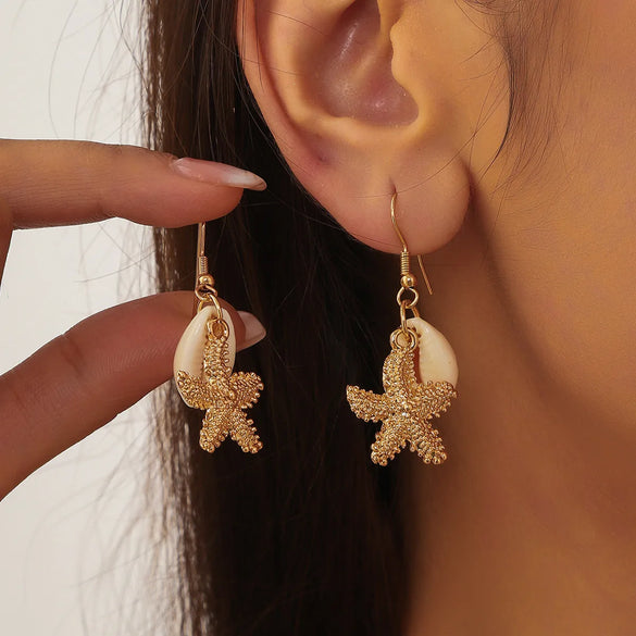 1 Pair Marine Style Starfish Shell Alloy Drop Earrings Ear Studs