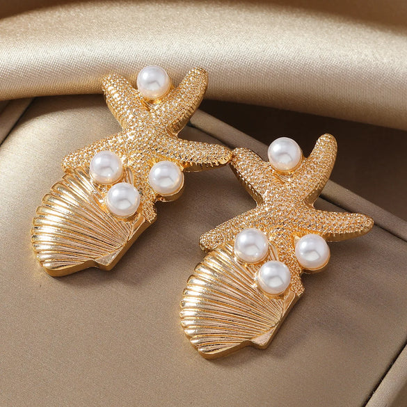 1 Pair Marine Style Starfish Shell Alloy Drop Earrings Ear Studs